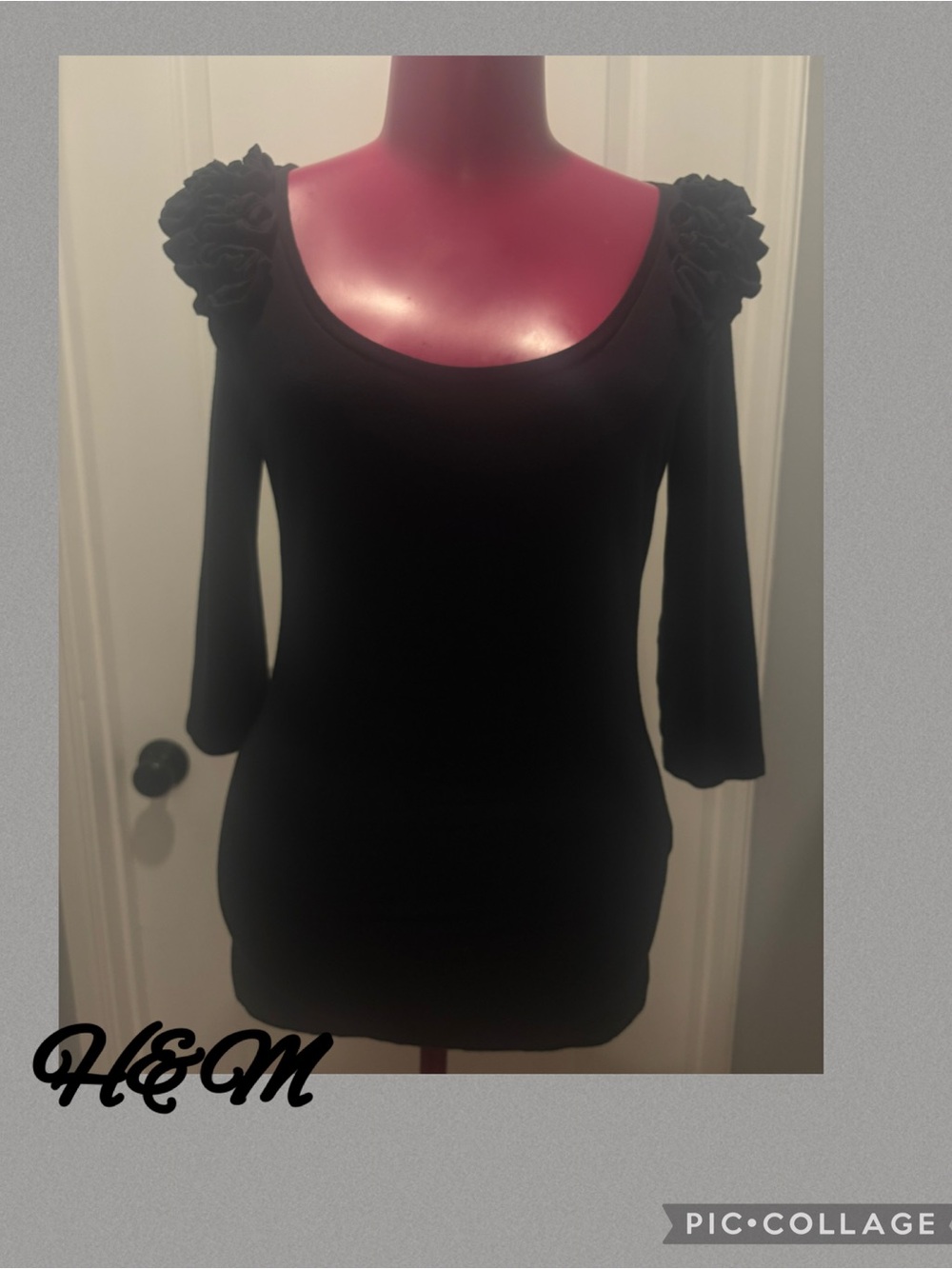 H&M Black Ruffle-Shoulder Scoop Neck Top size S